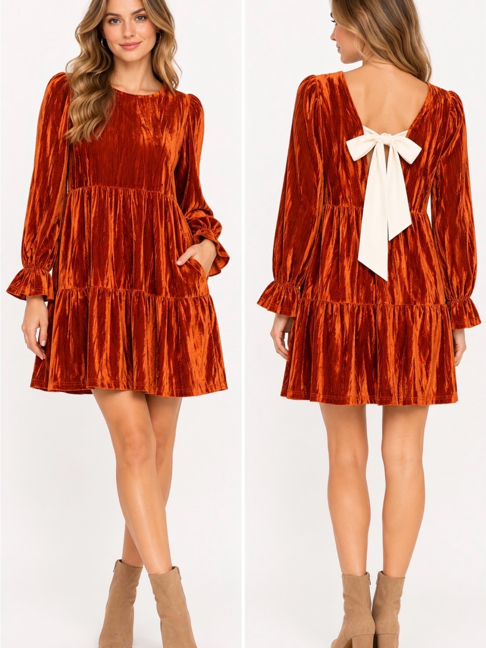 Naggoo NWT Burnt Orange Velvet Tiered Mini Dress Open Back Bow Size M